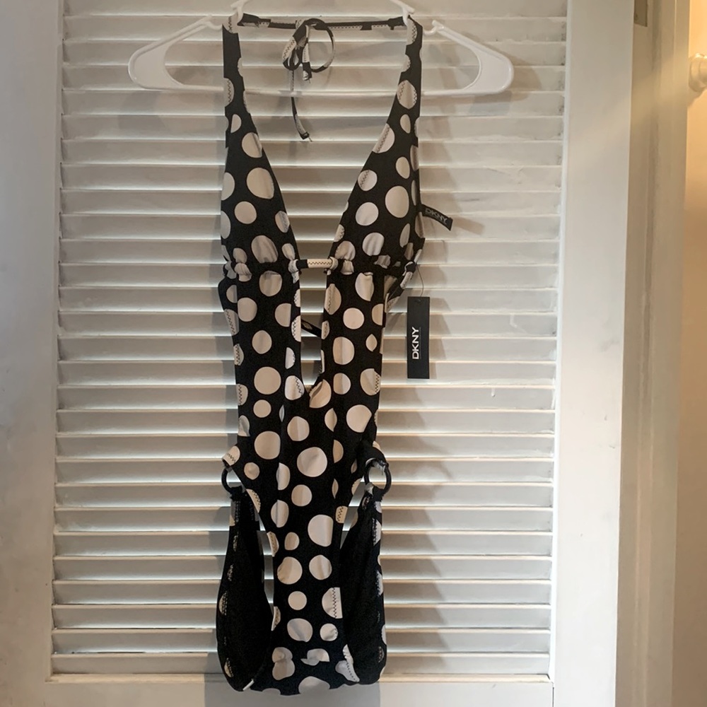 DKNY polka dot monokini one piece swimsuit size 6 Y2K